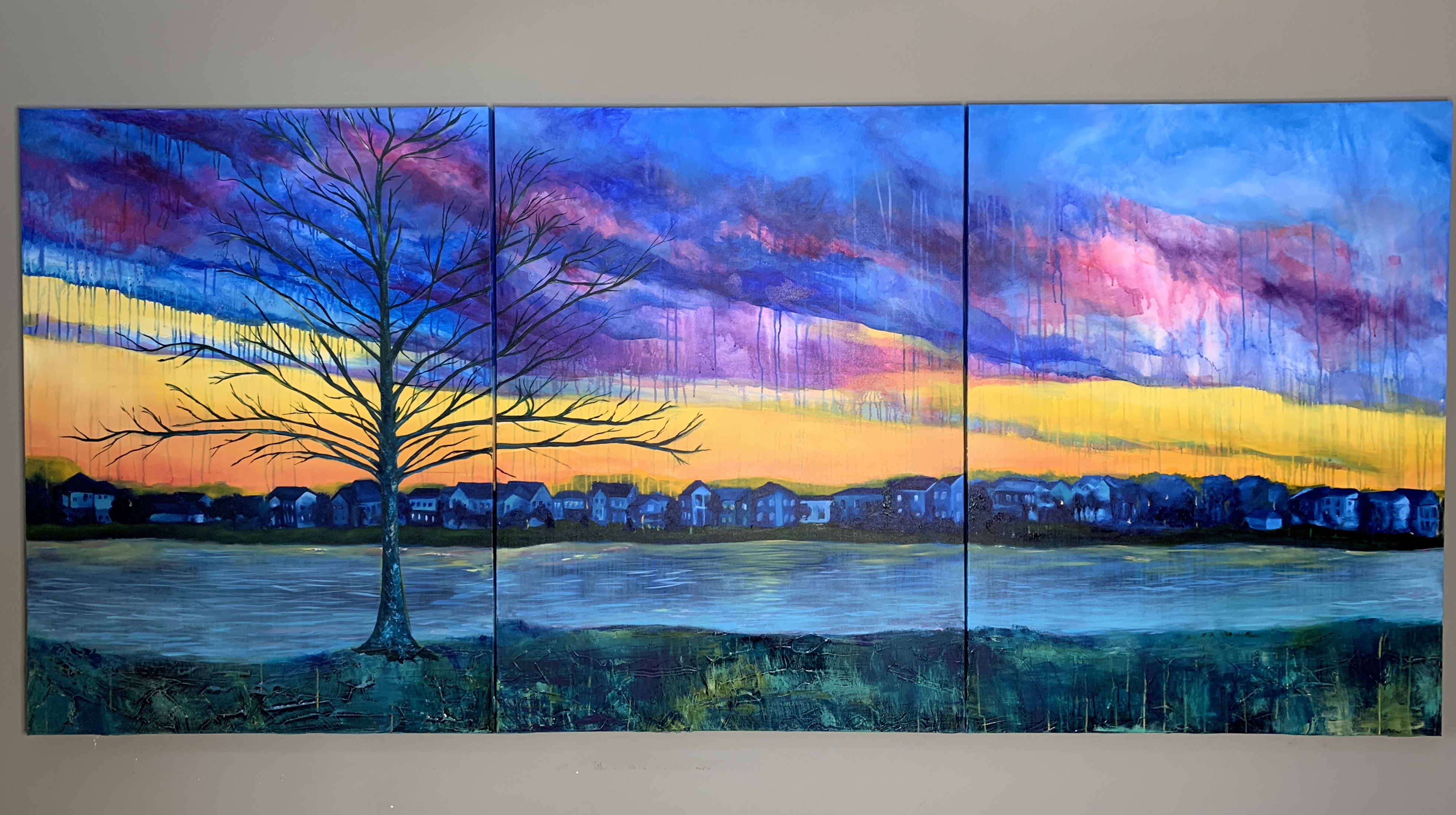 Sunset in Laureate Park Oil & Acrylic three 36 by 48 inch panels